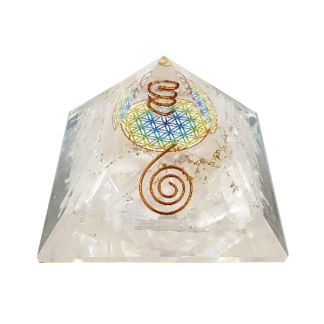Orgonita Pirámide Selenita con Flor de la Vida Arco Iris 9x9 cm.