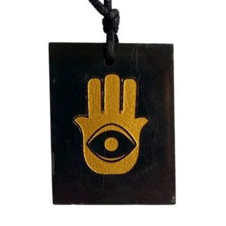 Colgante Rectángulo Mano de Fátima Dorada Shungit