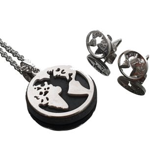 Colgante Mapa Mundi Metal Plateado + Pendientes Shungit