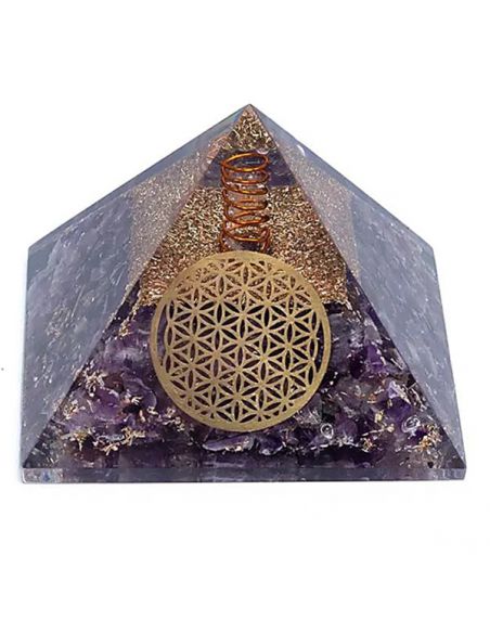 Orgonita Pirámide Amatista y Flor de la Vida 7x7x6 cm.