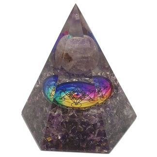 Orgonita Pirámide Hexagonal Amatista con Esfera y Metatrón 7x8 cm.