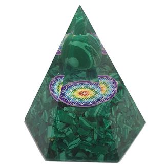 Orgonita Pirámide Hexagonal Malaquita con Esfera y Flor de la Vida 7x8 cm.