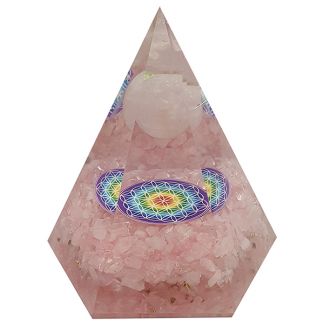 Orgonita Pirámide Hexagonal Cuarzo Rosa con Esfera y Flor de la Vida 7x8 cm.