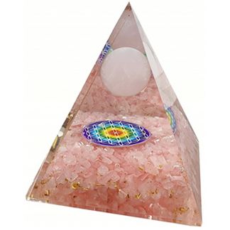 Orgonita Pirámide Cuarzo Rosa con Esfera y Flor de la Vida 7x7 cm.