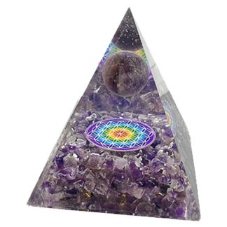 Orgonita Pirámide Amatista con Esfera y Flor de la Vida 7x7 cm.