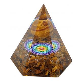 Orgonita Pirámide Hexagonal Ojo de Tigre con Esfera y Flor de la Vida 7x8 cm.