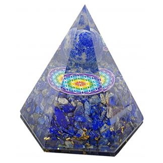 Orgonita Pirámide Hexagonal Lapislázuli con Esfera y Flor de la Vida 7x8 cm.