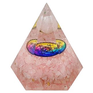 Orgonita Pirámide Hexagonal Cuarzo Rosa con Esfera y Metatrón 7x8 cm.
