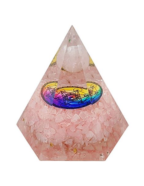 Orgonita Pirámide Hexagonal Cuarzo Rosa con Esfera y Metatrón 7x8 cm.