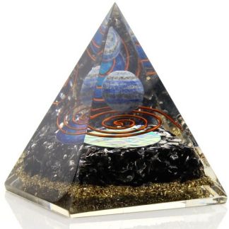 Orgonita Pirámide con Esfera de Lapislázuli, Espiral y Flor de la Vida 7x8 cm.