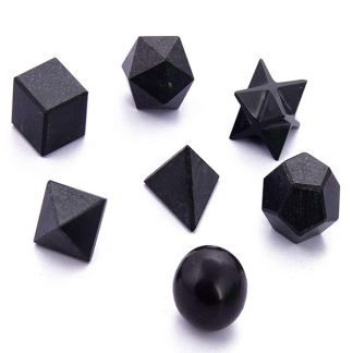 Juego de Siete Poliedros de Turmalina Negra en Bolsa de Tela