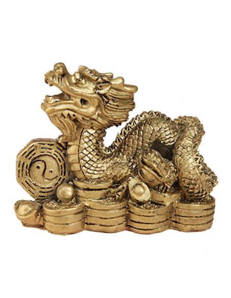 Dragón Chino con Monedas Dorado - 10x8 cm.