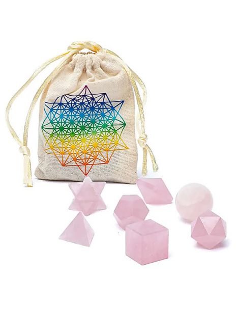 Juego de Siete Poliedros de Cuarzo Rosa en Bolsa