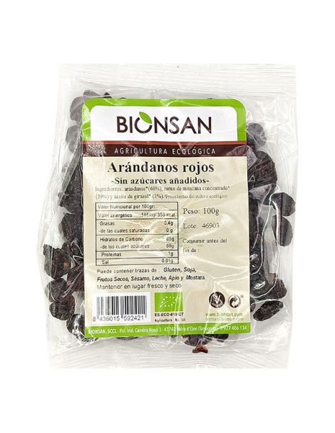 Arándano Rojo Sin Azúcar Añadido Ecológico Bionsan - 100 gramos