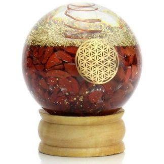 Orgonita Esfera Jaspe Rojo y Espiral con Flor de la Vida - 6 cm.